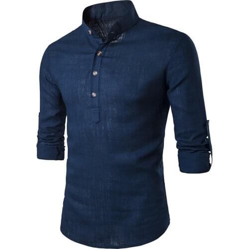 Men casual Shirt Cotton Linen Blended Mandarin Collar Breathable Comfy Traditional Chinese Style long sleeve shirts EU size