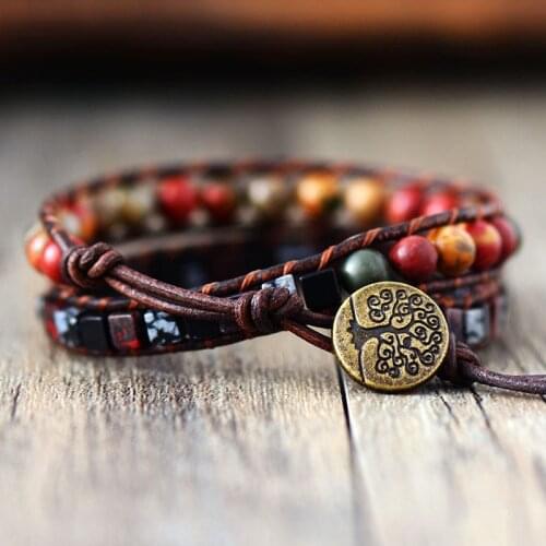 Mens Wrap Bracelets Vintage Natural Stone 2 Strands Leather Bracelets Handmade Bead Statement Bracelet Dropshipping Jewelry