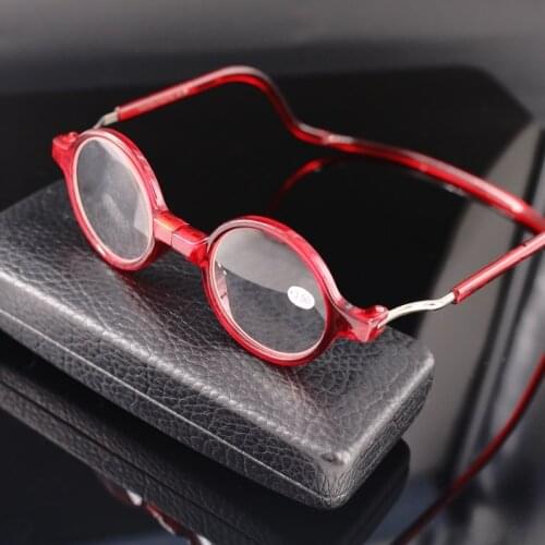 Fashion Trend Hanging Magenet Reading Glasses Round Frame High Quality Resin Lens Presbyopic Glasses Men Women Black Red 150