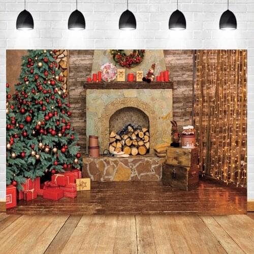 Christmas Tree Gifts Stone Fireplace Shiny Lights Family Shoot Photozone Photography Background Photographic Backdrop Photocall