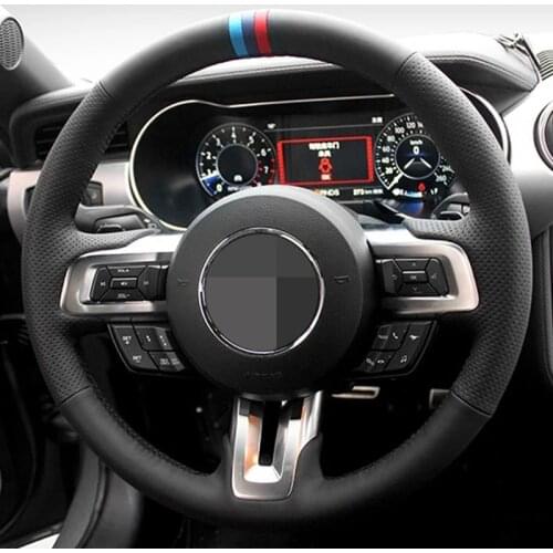 Hand-Stitched Soft Black Genuine Leather Suede Car Steering Wheel Cover For Ford Mustang 2015-2019 / Mustang GT 2015-2019