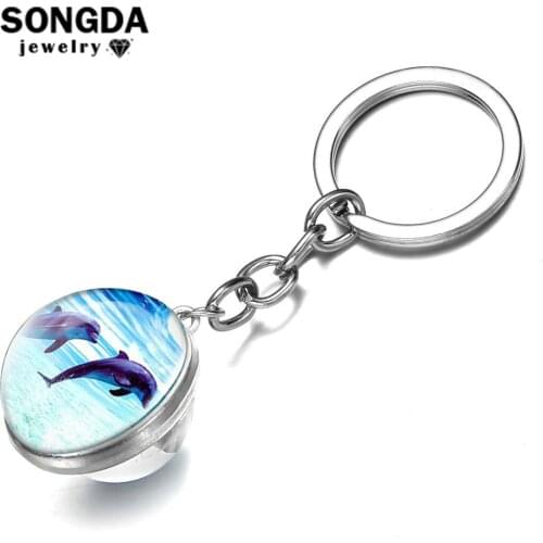 SONGDA Sea Animals Dolphin Keychain Shark Turtle Seals Shells Conch Art Photo Double Sided Glass Ball Key Chain for Ocean Lovers