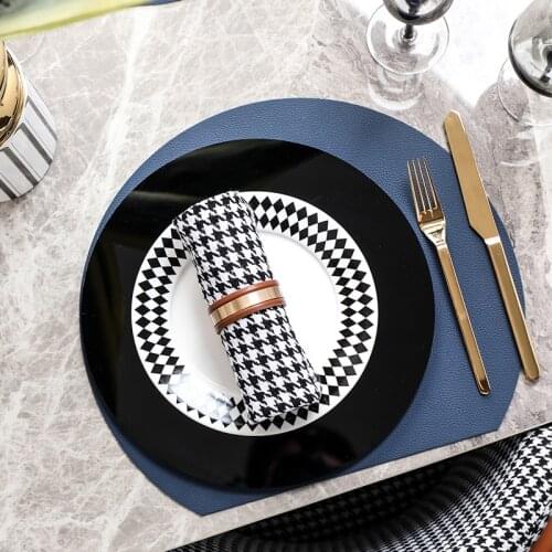 Modern Western-Style Tableware Setting Table Black Diamond Pattern Ceramic Dinner Plate With Display Set Black Round Acrylic Mat
