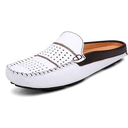 Leather Slippers Men Breathable Holes Casual Shoes Mens Flats Summer Classic White Half Slides Handmade Moccasins Loafers Man