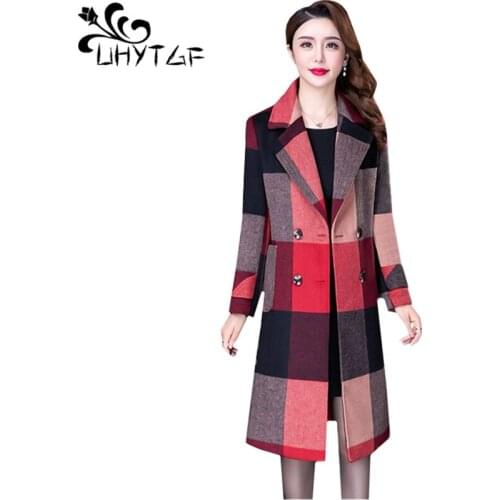UHYTGF Elegant Women Woolen Jacket Quality Cashmere Autumn Winter Coat Female Plaid Double-Breasted 5XL Plus Size Outwear 1110