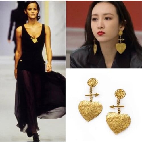 Vintage Earring For Women Retro Gold Heart Pendant Aretes Aesthetic Aros Charm Lady Luxury Gift Korean Fashion Jewelry Accessory