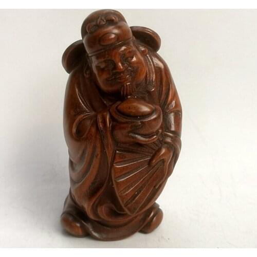 YIZHU CULTUER ART Collection China Old Boxwood Hand Carved God of Wealth Statue Family Decoration