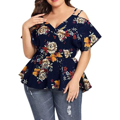 Womens Plus Size Short Sleeve Shirt Cold Shoulder Floral Peplum Fashion Top High Waist Tshirt Ropa Mujer Verano 2021 #G3