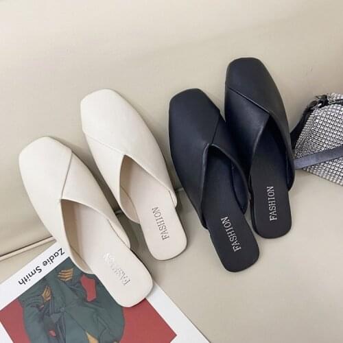 Womens Summer Korean Style Square Head Baotou Slipper Female Leather Cover Half Slippers Women Flat Bottomed Sandals