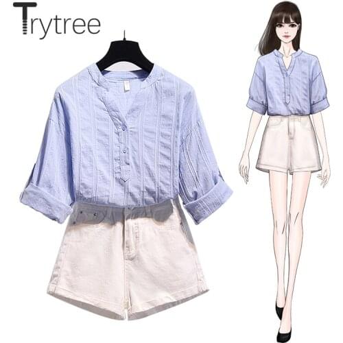 Trytree 2020 Summer Women Two Piece Set Casual V-neck Solid 2 Color Blouse Tops + Shorts Denim Button Zipper Fashion 2 Piece Set