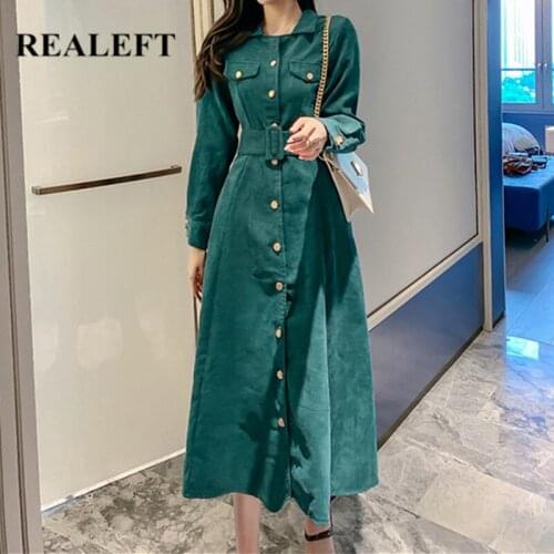 REALEFT Autumn Winter 2021 Corduroy Womens Midi Dresses with Belted High Waist Long Sleeve Single Breasted Shirts Dress Female