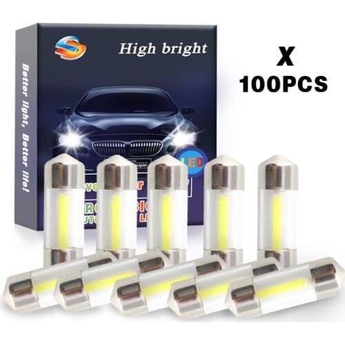 100pcs Pure White C5W Car Glass Lens Festoon COB led Light Auto housing Interior Dome Reading lamps Double Tip Lamps