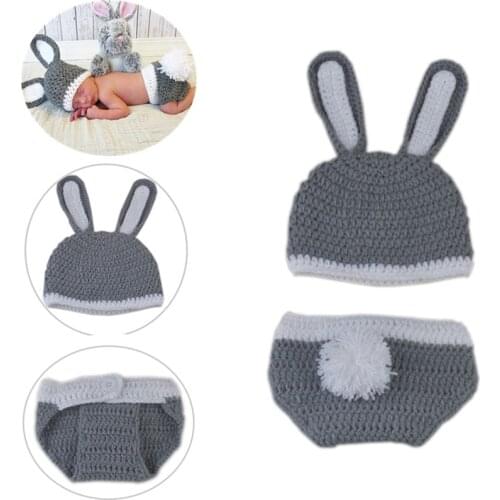 2pcs/set Newborn Photography Costume Baby Handmade Crochet Knitted Photo Props Rabbit Hat And Diaper Cover