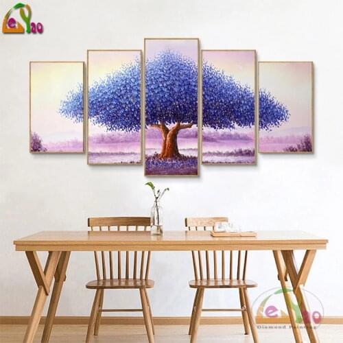 5d Diy Diamond Painting 5Pcs Purple Sky BlueTree Painting Wall Art Full Drill Embroidery Landscape Rhinestone Mosaic Home Decor