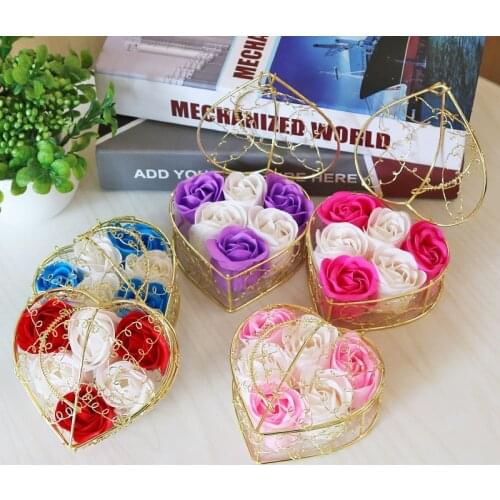 6pc iron basket rose soap flower gift box activity creative small gift artficial flower for wedding Valentines Day home decora
