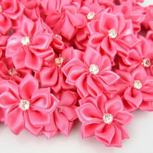 12pcs 1" satin ribbon flowers white rhinestone appliques artificial flowers for craft sewing wedding decoration 2.8cm