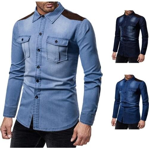 Mens Casual Slim Version of Fashion Wash Denim Long-sleeved Denim Shirt Mens Cotton Suede Stitching Color Fashion Clothes