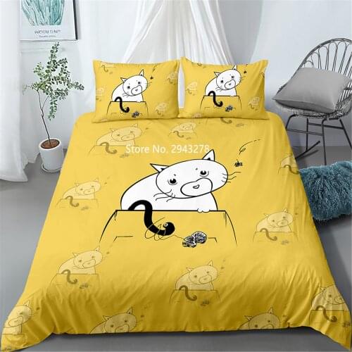 Home Textile Lovely Cat Series Pattern Yellow Cartoon Down Quilt Pillowcase Bedding Set Children Adult Bedroom Decoration