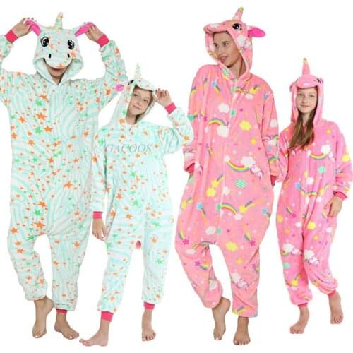 Flannel Unicorn Pajama Kids Boys Sleepwear Teens Girls Kigurumi Cartoon Womens Jumpsuit Winter Childrens Homewear Adult Pijama