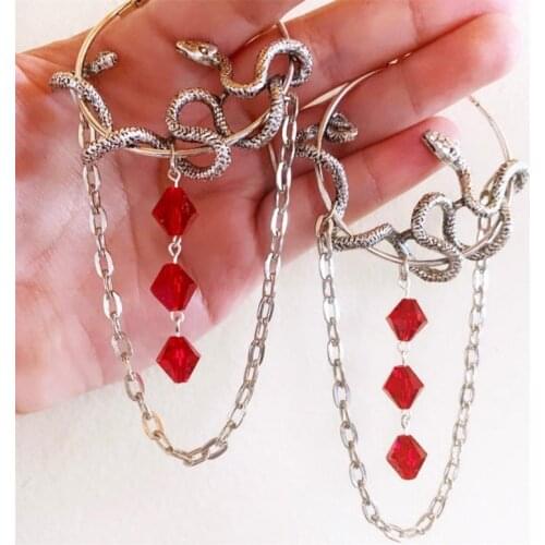 Gothic Red Snake Hoop Earrings Wiccan Creative Jewelry Punk Jewelry Rock Halloween Statement Fashion Women Gift Glass Beads