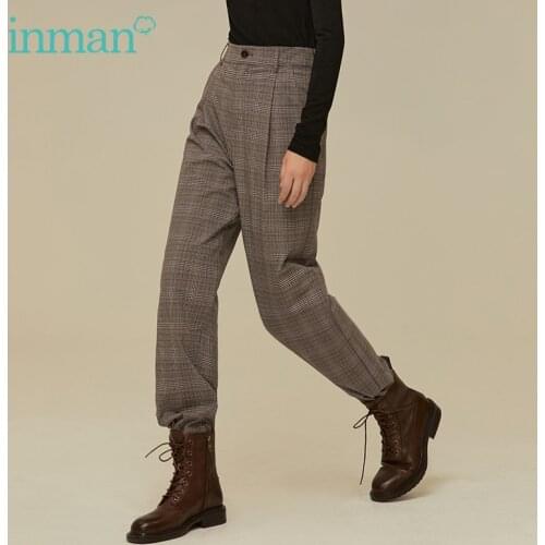 INMAN Autumn Winter Womens Pants British Style Vintage Plaid Stripes Folds Design Chic Button Hems Casual Bottoms