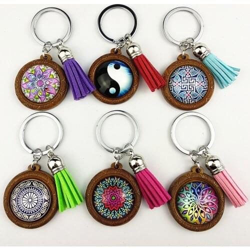 Jiangzimei24pcs India retro, Bohemia mandala Keyring 25mm Wood Cabochon Stainless Steel Keychain with tassels glass Cabochon