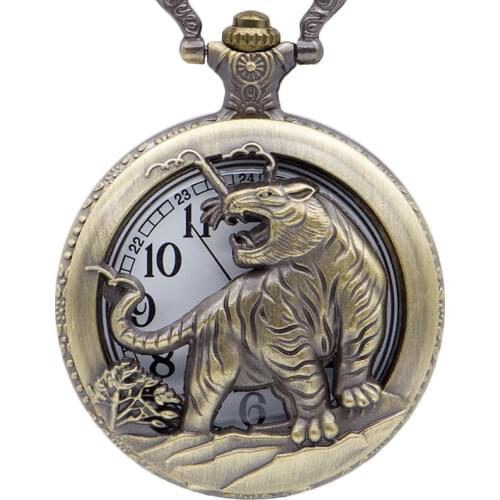 Retro Creative Hollow Tiger Bronze Quartz Pocket Watch Pendant Necklace Men Fob Watches with Chain For Gift