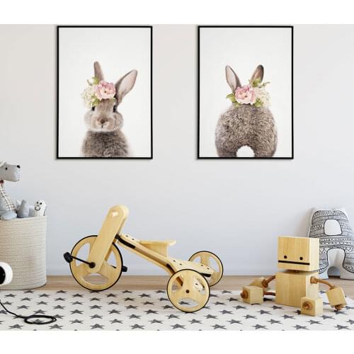 Baby Nursery Wall Art Animals Flowers Canvas Poster Print Rabbit Painting Nordic Kids Decoration Picture Children Bedroom Decor