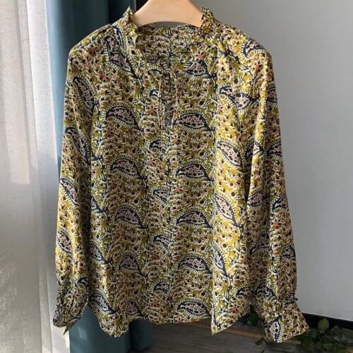 100% Silk Spring/summer 2021 New Long-sleeved Frill Collar Fashion Pony Flower Print Loose Casual All-match Shirt