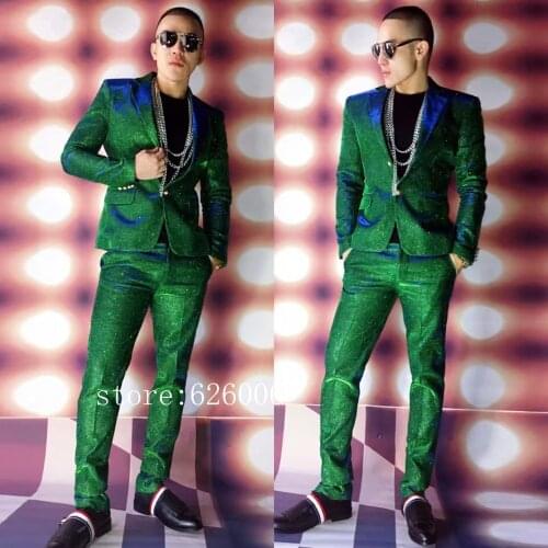 New Arrival! Nightclub Male Singer Dancer Performance clubwear Fashion Green Sequins Slim Suits Wedding Prom Wear stage show