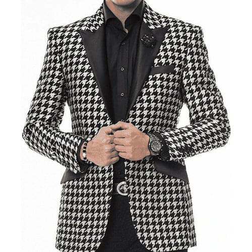 Formal Black Peaked Lapel Houndstooth Mens Suit For Business Wedding Dinner Prom Tuxedos Groomsman Work Wear Custom Blazer
