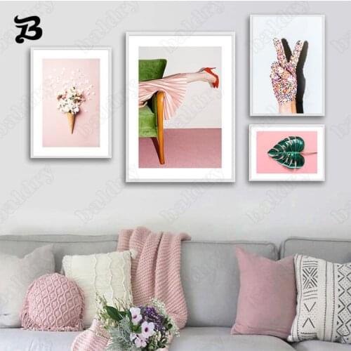 Canvas Poster Pop Art Pink Wall Art Pink Style Nordic Posters and Print Ice Cream Heart Leaves Yeah Wall Picture Home Decoration