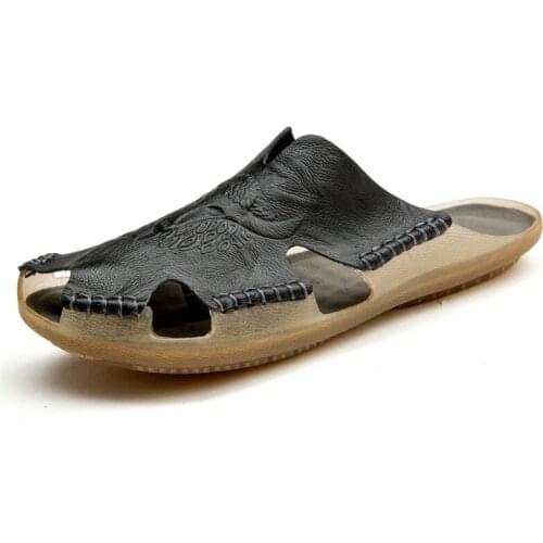 Genuine Leather Mens Slippers Breathable Slip On Sandals Male Casual Beach Shoes Outdoor Hollow Out Plus Large Size 38-48 PW039