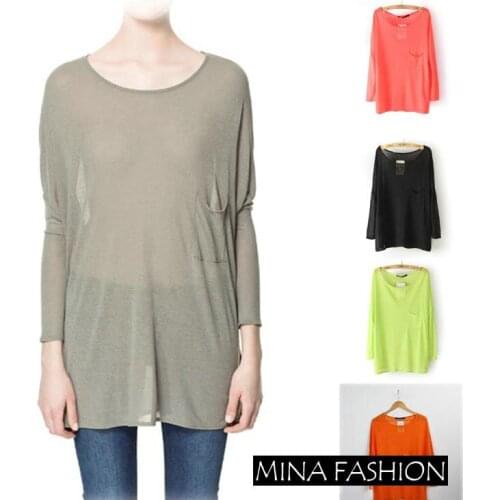 LOOSE BATWING SLEEVE CREW NECK LONG-SLEEVED SLIM SINGLE POCKET FABRIC MICROLENS T-SHIRT WF-4497890Freeshipping