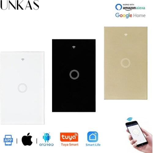 UNKAS 1 Gang US Standard Tuya Smart Life APP Control WIFI Switch Luxury Glass Panel Wall Switch Google Home Null and Fire Line