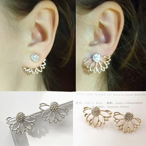 Lotus Crystal Flower Stud Earrings For Women Fashion Jewelry Double Sided Gold Silver Plated Earrings Wholesale