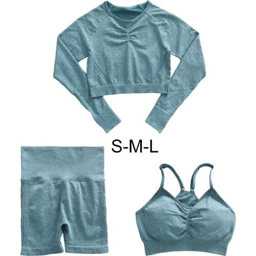 Womens Yoga Suit High Waisted Shorts Long Sleeves Crop Tops Clothes Gym Jogging Sport Tracksuit Activewear
