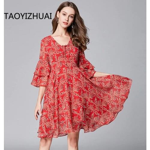 TAOYIZHUAI Summer new arrival red color butterfly sleeve V-neck three quarter fit and fare casual style ladys dress 11616