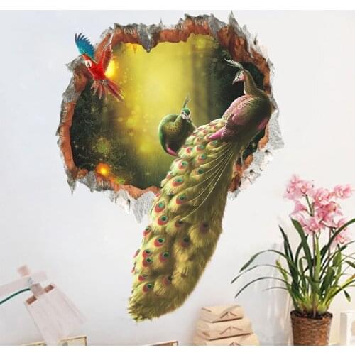 2017 New Brand Peacock Feathers Birds Wall Stickers 3d Broken Wall Decals Home Decor Art Decal Poster Animals Home Hotels Decor