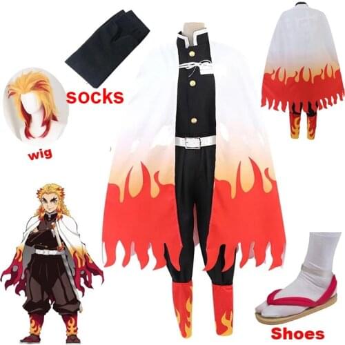 Anime Train Mugen Rengoku Kyojuro Cosplay Costume Kimetsu No Yaiba Demon Slayer Adult Wig Katana Sward Cosplay Outfit