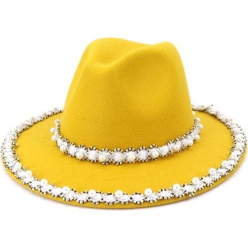 Chapeau femme Pearl chain fedoras jazz hat felt hat sombreros de mujer Fedora Hat Big Brim For Men Jazz Hat leapoard top hat