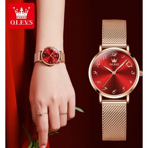 OLEVS Japanese Movement Ladies Quartz Watch Arabic Numeral Dial PU Leather Strap Ladies Simple Ultra-thin Watch Reloj De Mujer