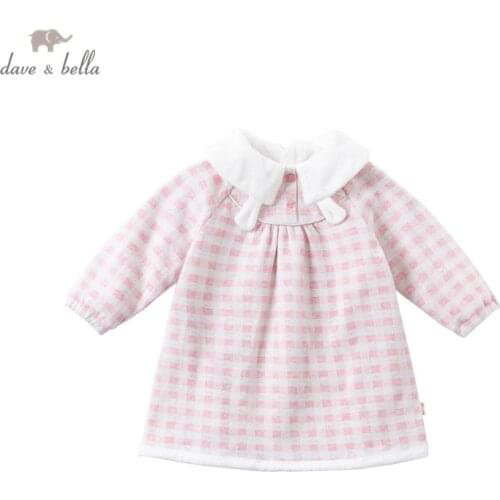 DBM14399 dave bella winter baby girls cute cartoon plaid dress children fashion party dress kids infant lolita clothes