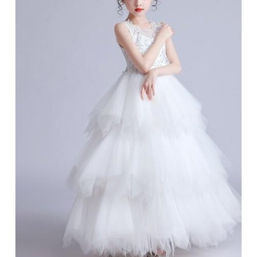 Kids Dresses For 4-15 Girls Wedding Party Frock Flower Gown Princess Evening Summer Dress Childrens Layered Mesh Beads Dress
