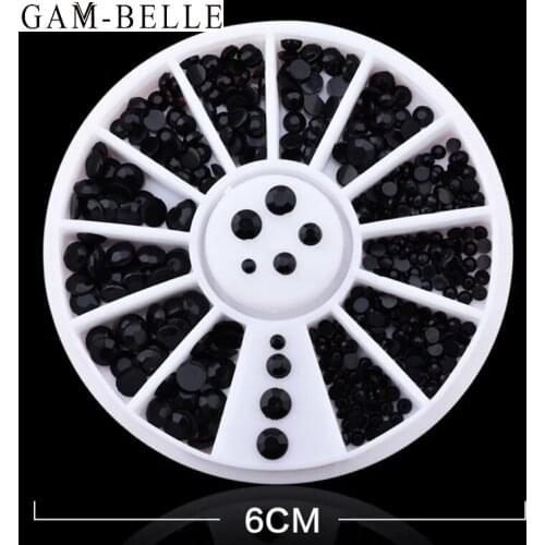 GAM-BELLE Mixed Size 3D Nail Art Rhinestone Black Glitter Nail Art Decoration Accessories Diamond Gem In Wheel Manicure Tools