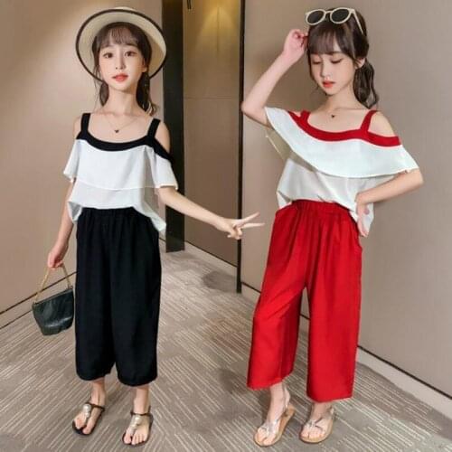 Clothes For Girls Solid Off Shoulder Shirt + Pants Suit Summer Clothes For Girls Teenage Girls Clothing Set 4 6 8 10 12 13 Years