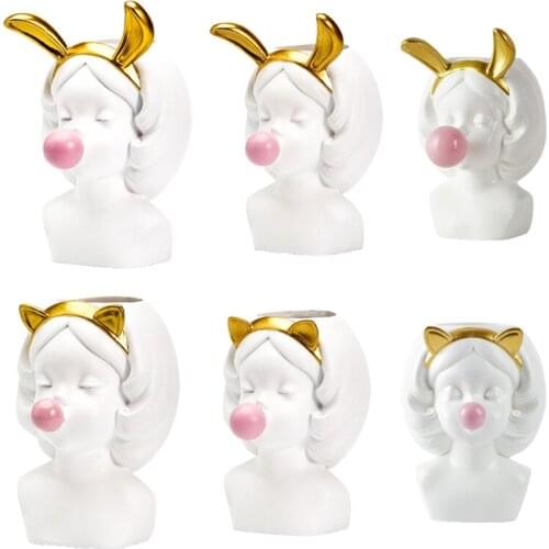 Creative Resin vase Cute girl bubble gum Decoration home living room dining table Decorative art portrait gold vase