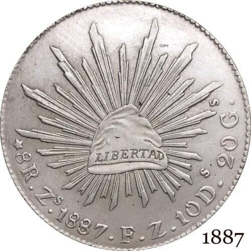 Mexico Republic Mexicana 1887 F Z 8 Reales Libertad Eagle With Snake On Cactus Radiant Cap With Rays Silver Plated Copy Coins