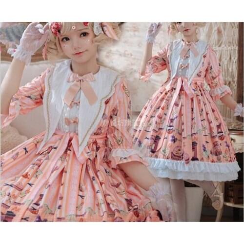 Sweet Womens Palace Retro OP Dresses half Sleeve Princess Lolita Bow Spring Falbala Doll Dress B814
