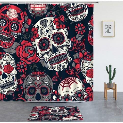 Flower Skull Print Shower Curtains Set Halloween Non-slip Rug Bohemian Mandala Bathroom Decor Screen Bath Mats Entrance Door Mat